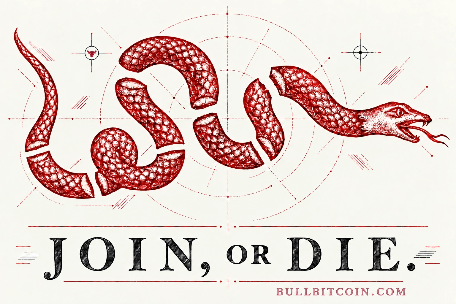 Join, or Die serpent engraving in Bull red with fine industrial marks