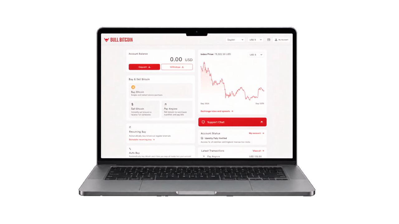 Open MacBook showing the Bull Bitcoin US platform
